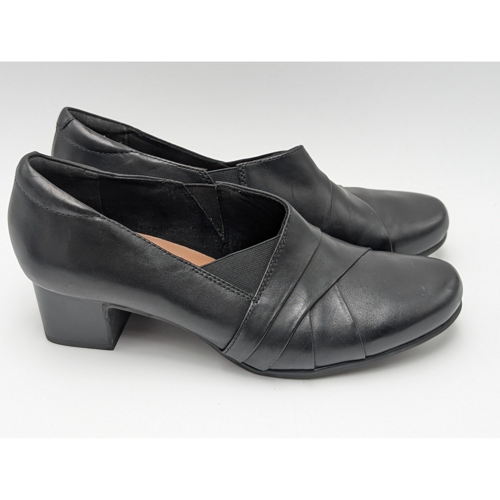 Clarks Pump Womens 10 Black Unstructured Leather Block Heel Pleated Slip On Shoe